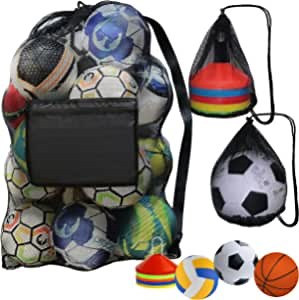 Daily Treasures Soccer Ball Bag,Large Heavy-Duty Football Mesh Bag with Side Zip Pocket + 2 Marker Cones Bags,Drawstring & Shoulder Strap for Sports, Beach, Swimming Gear and Clothes(12-15 Balls)