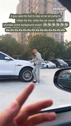 Charliepin on Instagram: "When you turn a simple task into a performance! 🚗💨 Guy uses his foot to pump the tire, while the car owner's got the soundtrack on point! 🎶😂 #PumpItUp #CarVibes #CarLife #cartire #FootPower"