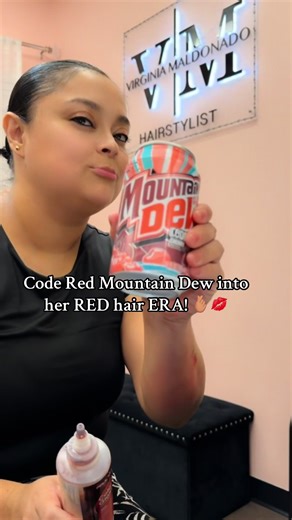 Haha, I absolutely love pouring code red Mountain Dew into her red hair era! 💋 #coderedmountaindew #redhair #deaf #paulmitchell