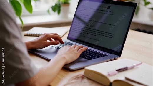 A person uses a laptop, hands on keys, next to book and notepad, with plants in the background
