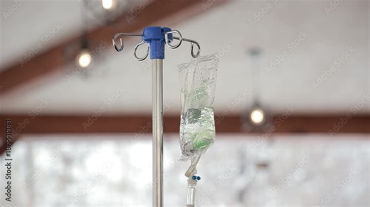 Close-up footage of an intravenous (IV) drip setup in a hospital or clinical environment. The video highlights the clear fluid flowing through the tubing, emphasizing patient care.