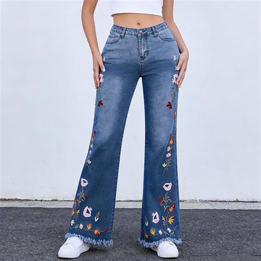 Hand-embroidered Floral Flared Jeans, High-waisted Denim Style - Etsy