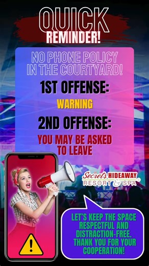 Secrets Hideaway Resort & Spa / Club Secret on Instagram: "To keep the experience safe and discreet for all guests at Secrets Hideaway. Please refrain from taking photos or videos in the following areas 📵 Courtyard 📵 Poolside 📵 2nd Floor Balcony Thanks for keeping Secrets… a secret. 💋 #SecretsHideaway #LifestylePrivacy #KeepItClassy"