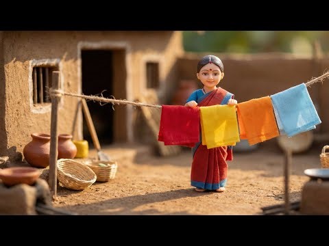 Miniature Indian Village Life 🌞 | Tiny Woman Drying Clothes in Sun | Relaxing ASMR