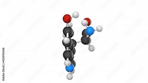 Hydroxytryptophan chemical structure, precursor of serotonin and metabolic intermediate of tryptophan. C11H12N2O3. 3D render. Seamless loop. Chemical structure model: Ball and Stick. White background