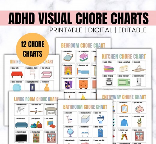 ADHD Visual Chore Charts Printable Editable | Room-by-room Cleaning Checklist | Kids & Adults | Digital Daily Housework Organizer - Etsy