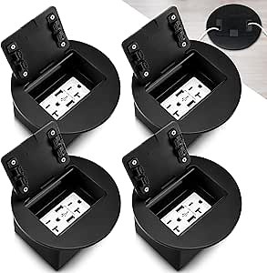 Kanayu Recessed Floor Outlet 3.98"x3.66"x3.15" 1-Gang with 4.8A USB Chargers 20 Amp Floor Receptacles Round Outlet Kit Electrical Waterproof Cover, ETL Listed (Black, 4 Pack)