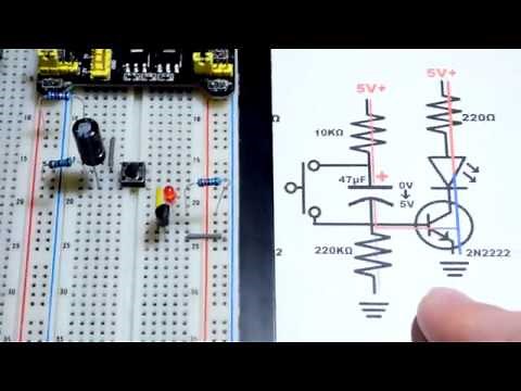 Transistor circuit 15 Fading off an LED using 2N2222 NPN Bipolar Junction Transistor and capacitor