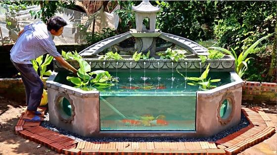 Designer outdoor water fountain & aquarium build