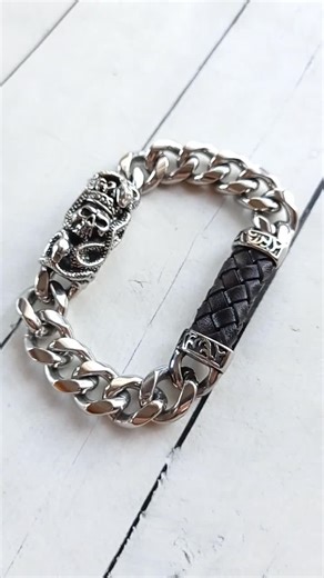 Steel Snake & Skull Bracelet: Braided Leather Magnetic Clasp