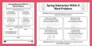Kindergarten Spring Subtraction Within 5 Word Problems Worksheet