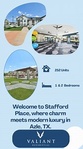 Welcome to the team! 🎉 We're excited to introduce Stafford Place, where Texas charm meets modern luxury in Azle, TX. Located near the serene Eagle Mountain Lake and just minutes from Fort Worth, Stafford Place offers 1 & 2-bedroom apartments with gourmet kitchens, smart home packages, and in-unit washer/dryers. 🏡 Enjoy resort-style amenities like a sparkling pool, state-of-the-art fitness center, and spacious dog park for our furry friends. 🐾 Whether you're grilling with friends or playing bo