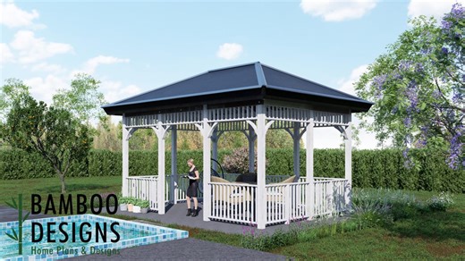 バレンシア 14x20 切妻屋根ガゼボプラン – 手すり付きエレガントな屋外パビリオン | DIY 屋根付きパティオ PDF - Etsy 日本