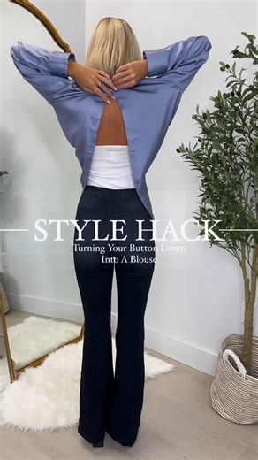 Style Hack! How to turn your button down into a dressy blouse! ✨ TIP: this works best on an oversized button down! #stylehack #trendy #boutique #shopthemint #affordable #ootd | The Mint Julep Boutique
