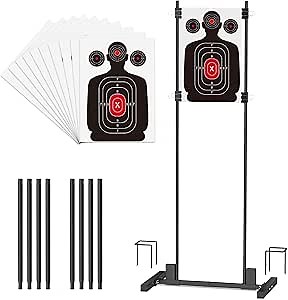 Shooting Target Stand Set, Easily Adjustable Metal Stand for Outdoor Shooting with 10 Pcs 14"x21" Paper Targets, 3-Point Ground Anchor, Fits 1x2 Wood or Tubes, Includes Carry Bag
