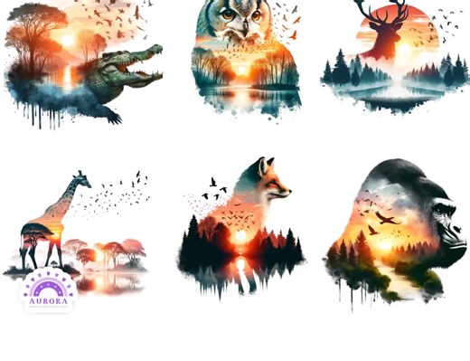 Double Exposure Animals Clipart, Wildlife and Natural Scene PNG, Watercolor Forest Clipart, Commercial Use - Etsy
