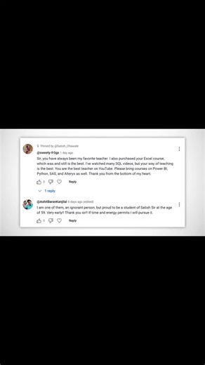 Satish Dhawale Skill Course on Instagram: "I’m speechless and truly overwhelmed by the kind words of my students. ❤️ Every message, every comment like this reminds me why I started teaching online in the first place. Recently, I received two heart-touching comments on one of my YouTube videos: 👉 One student said: "Sir, you have always been my favorite teacher. I also purchased your Excel course, which was and still is the best... You are the best teacher on YouTube. Please bring courses on Powe