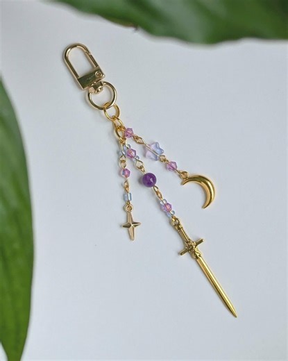 Sword Keychain | Celestial Galaxy Moon & Star Bag Charm | Fantasy Keyring - Etsy