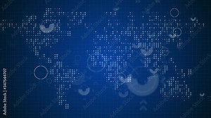 Futuristic world map with circles. animated world map. Business world map. Abstract render animation of many blue geometric objects objects repeat the world map. Top view footage.