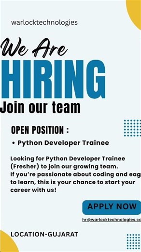 Hiring Now! Python Developer Trainee (Fresher) | Warlock Technologies#techjobs #careeropportunity