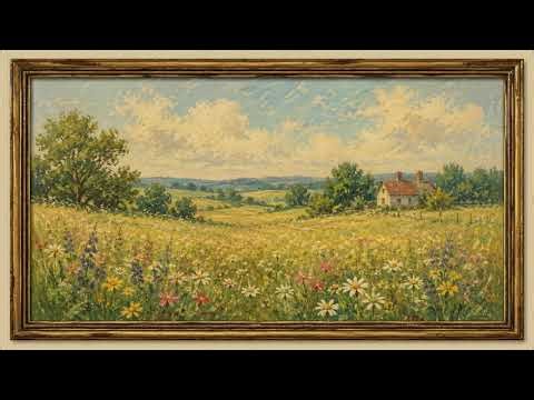 Vintage Meadow Dreams 🌿 | Oil Pastel Landscape Art in Antique Frame | Relaxing HD Wallpaper
