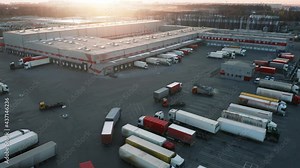 Logistics park with a loading hub. Semi-trailers trucks are parked and waiting for the loading and unloading of goods at the warehouse ramps. Aerial view