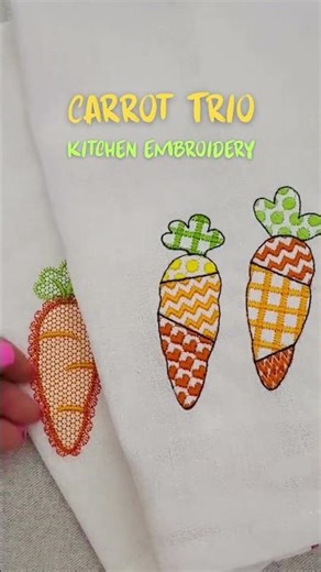 Patchwork Carrot Trio #patchworkdesign #towelembroidery #kitchendecor