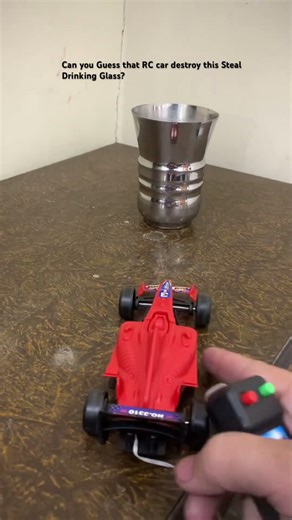 Powerful Remote Control RC Formula F1 Car destroying the Metal Drinking Glass