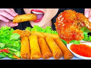 ASMR CRUNCHY EGG ROLLS & ONE GIANT FRIED SHRIMP 🍤 (MUKABNG) ASMR Phan