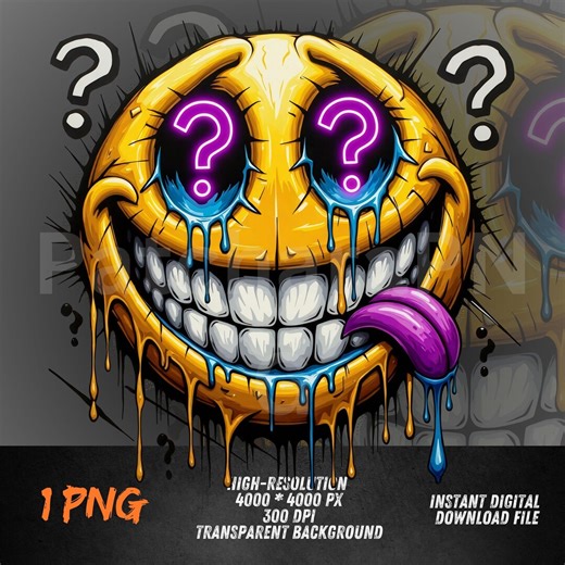 Crazy Smiley PNG With Question Eyes – Graffiti Drip Face Art for Funny Streetwear, DTF, Sublimation Design - Etsy