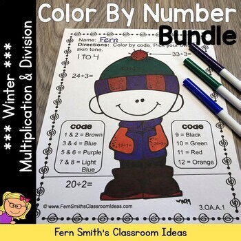 Winter Multiplication and Division Color By Number Worksheets Printable Bundle