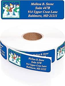 Snowman Winter Greetings Designer Rolled Return Address Labels with Elegant Plastic Dispenser