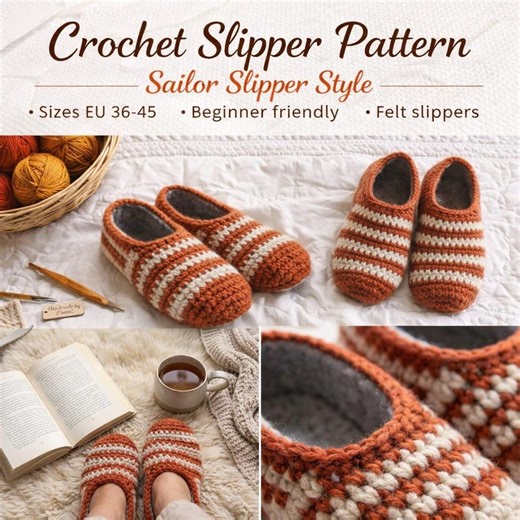 Beginner Crochet Slippers PDF, Sailor Felt Shoe Pattern, Easy Step-by-step, EU Sizes 36–45 - Etsy