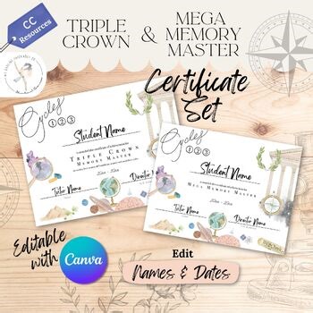 Editable CC Triple Crown and Mega Memory Master Certificate Set | Canva Template
