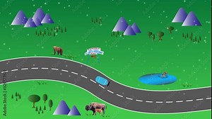 Animated car driving on Alaska Highway on roadtrip with snow fx