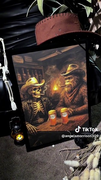 Bigfoot’s done hiding. Now he’s the star of this poster in your living room.#posterdesign #postertok #wallartdecor #arttok #westernvibes #cowboyaesthetic #saloonstyle #wildweststyle #bigfootposter #skeletonart #skeletonvibes #funnybone #Sasquatch #homedecorfinds #manroomstyle #coolroomvibes #roominspo #uniquehomedecor #funnyhalloweendecor #spookyvibes #fallhomedecor #trendingposter #designtok #darkaesthetic #statementdecor