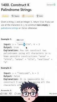 1400 construct k palindrome strings #leetcodedailychallenge leetcode solution #faangprep #coding