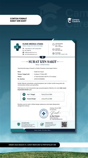 🏥 BUTUH SURAT IZIN SAKIT FORMAT PROFESIONAL? Kini tersedia format Surat Izin Sakit desain premium yang rapi, formal, dan siap cetak A4. ✅ Desain Profesional ✅ Format Word & PDF ✅ Mudah Diedit ✅ Cocok untuk Karyawan, Mahasiswa, dan Pelajar ✅ Siap Cetak Kualitas HD 📄 Bisa request nama, tanggal, logo, dan identitas sesuai kebutuhan. 📱 Order sekarang: WA 0856-0790-4446 ⚡ Proses cepat • Harga terjangkau • File siap pakai . . #SuratIzinSakit #FormatSurat #CampusCareerID #JasaDokumen