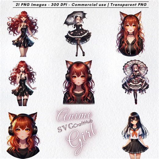 Kawaii Anime Girl PNG Clipart Bundle | Digital Art Stickers - Etsy