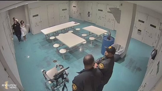 Surveillance video has been released that shows now-indicted Cuyahoga County corrections officer Idris-Farid Clark spraying pepper foam on an inmate while she is restrained in a chair. Guard Robert Marsh has also been charged with unlawfully restraining her as well as striking the inmate. #BlackLivesMatter | Revolution News