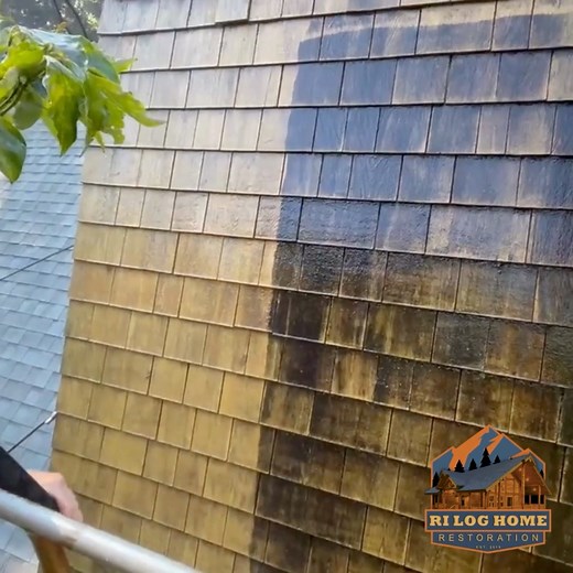 Ever wonder what a log wash can really do? 🪵✨ Our specialized products bring new life to both logs and shingles. At RI Log Home Restoration, we recommend an annual log wash to keep your home protected, clean and looking its best. RI Log Home Restoration, LLC 401-297-9274 riloghomerestoration@gmail.com #riloghomerestoration #sashcologhomes #logwash #loghomemaintenance #loghomeliving #giveusacall #cedarshake | RI Log Home Restoration