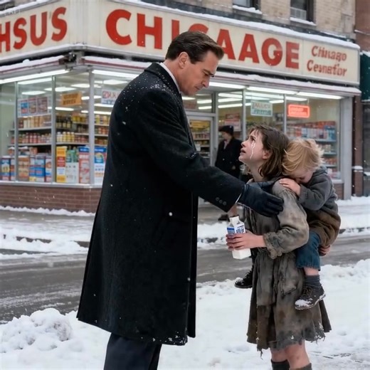 “I’ll pay you back when I’m grown up,” the little girl begged — holding her baby brother in her arms, desperate for just a small box of milk. What the millionaire did next surprised everyone who witnessed it. On a hot afternoon in downtown Chicago, crowds rushed past without noticing the small girl sitting on the grocery store steps. Her clothes were worn, her hair messy from the wind, and her baby brother lay wrapped in an old blanket, crying softly from hunger. People walked by, glued to their
