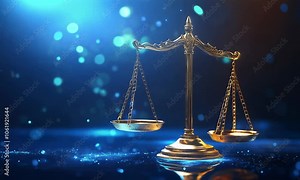 Video of a Golden scale balancing on blue background with bokeh