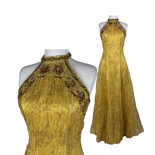 Vintage Gold Beaded Halter Maxi Dress – Shimmering Formal Evening Gown - Etsy