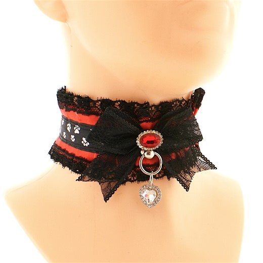 Handmade Red & Black Lace Choker, Satin Ribbon, Heart Pendant - Etsy