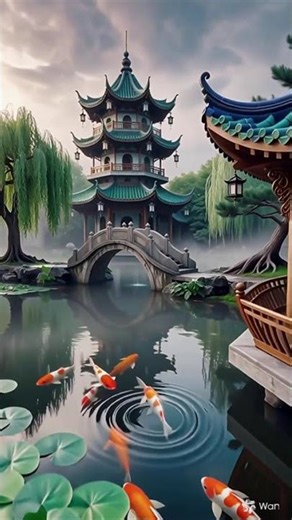 Harmonious Chinese Koi Pond with Beautiful Pagoda and Curved Roof Pavilion