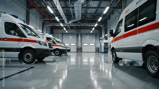 Ambulance vehicles parked inside hospital emergency garage, medical transport fleet standing ready for rapid response under bright industrial lighting, healthcare logistics and rescue readiness