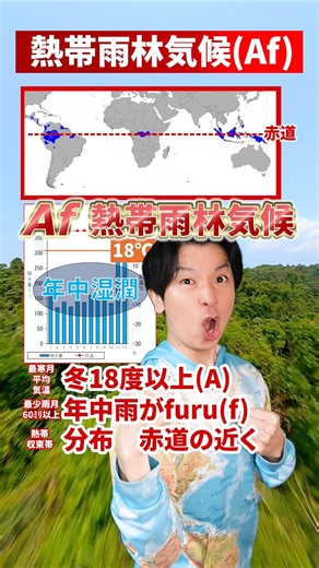 地理芸人トフィー🗺️ on Instagram: "熱帯雨林気候(Af)をリズムで覚える#トフィー #地理総合 #地理探究 #ケッペンの気候区分 #ケッペンちゃん #歌ってみた #熱帯 #Af #ケッペン 熱帯雨林気候の分布wikipedia https://ja.wikipedia.org/wiki/熱帯雨林気候#/media/ファイル:Koppen_World_Map_Af.png"