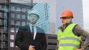 engineer and builder hologram discuss drawing new technologies virtual business