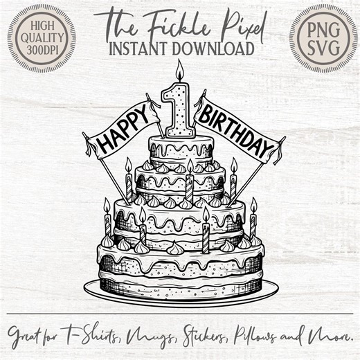 1st Birthday Cake PNG Clipart - Happy Birthday Tiered Cake Digital Download for Cricut DIY Crafts Black Line - Etsy